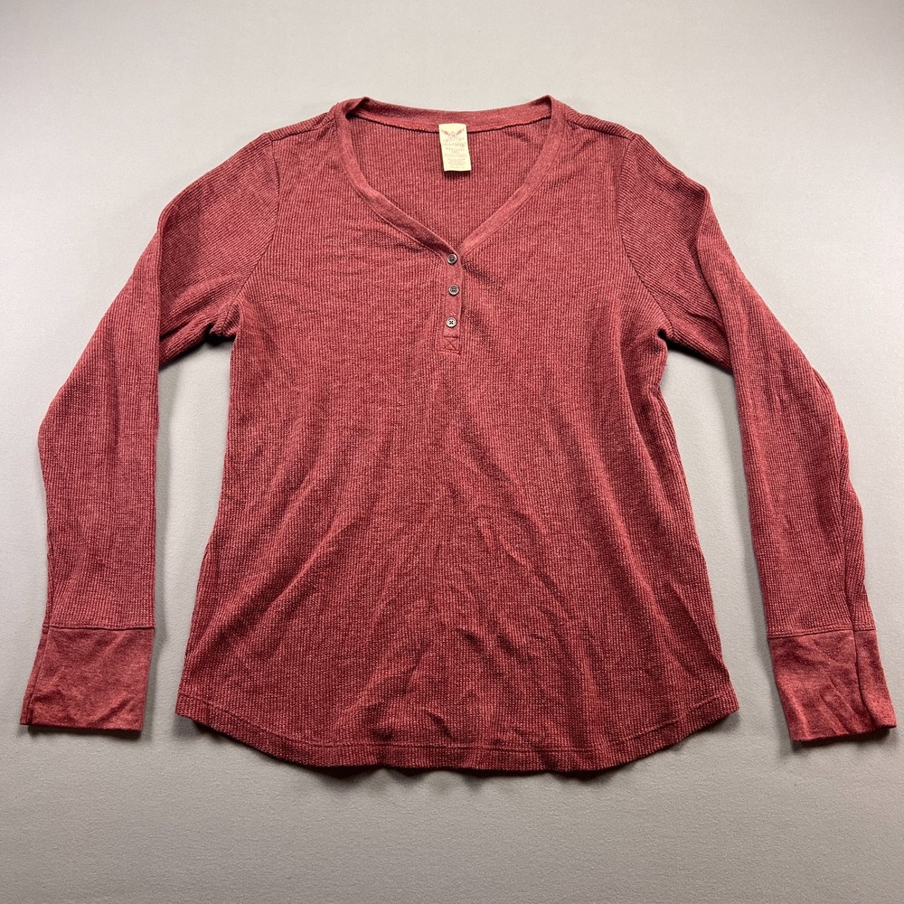 Faded Glory Henley Thermal Shirt Womens 2XL Heathered Red Waffle Knit Curved Hem